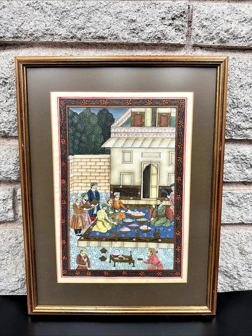 Indian Mughal Style Royal Banquet Court Scene Framed Miniature Art 8.25 x 11.5”